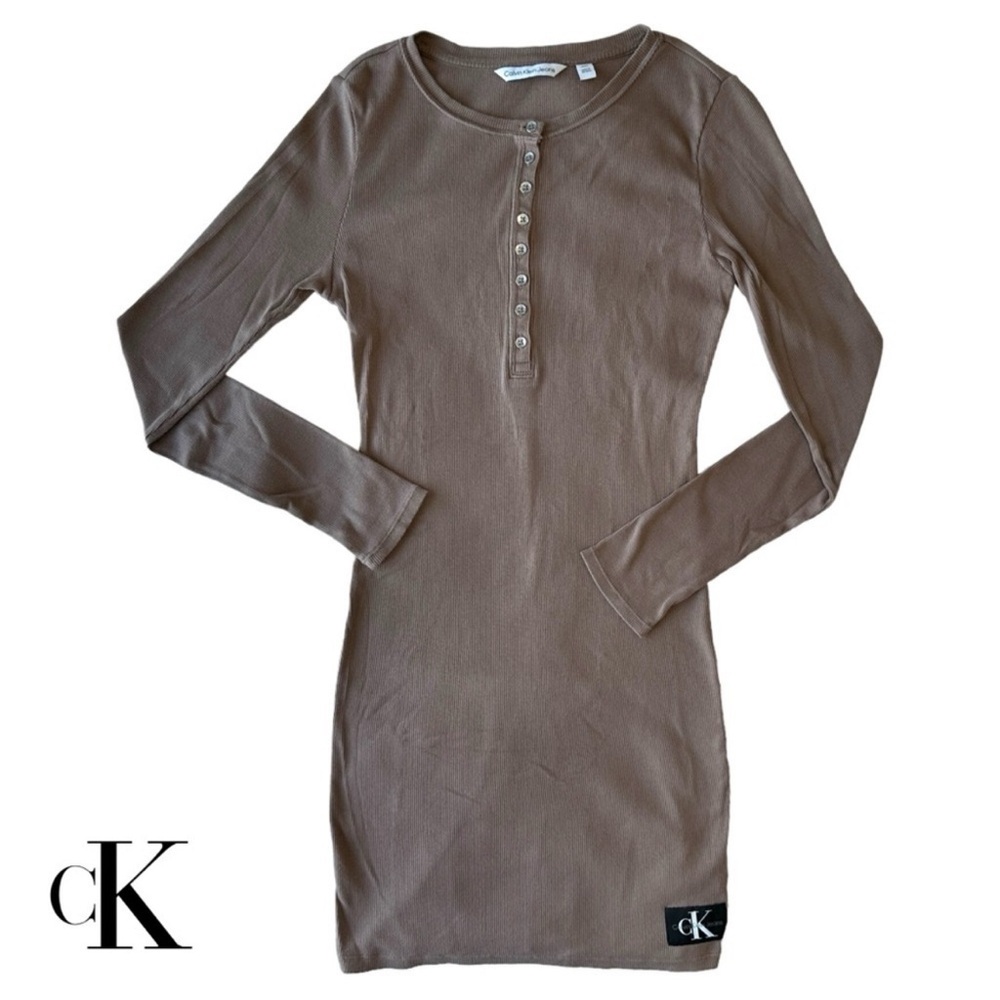 Calvin Klein Taupe Long Sleeve Dress 100% Cotton - Picture 2 of 16